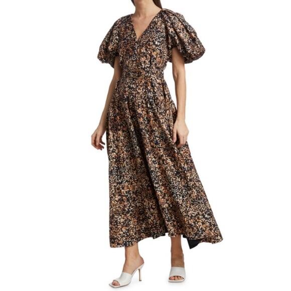 Acler NWOT Warner Belted Dress Puff Sleeves Linen A Line Maxi Black Brown Size 6 - Picture 1 of 15